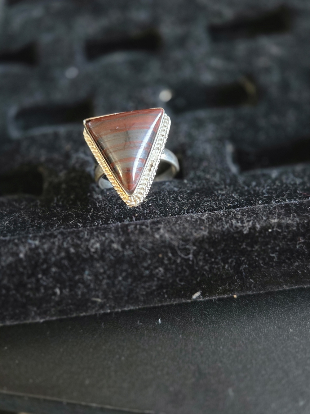 B N W T...Triangular Red-Brown Jasper Ring in Silver Bezel